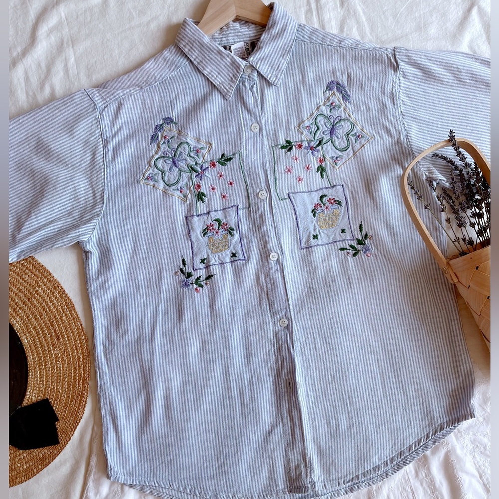 Vintage embroidered butterfly patchwork blouse shirt M